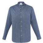 Blue long-sleeve button-up shirt with a collar, displayed on a white background.