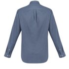 Back view of a long-sleeve blue button-up shirt with a collar and buttoned cuffs.