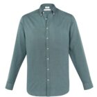 Green long-sleeve button-up shirt with a collar, displayed on a white background.