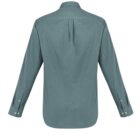Back view of a long-sleeved teal dress shirt with buttoned cuffs.