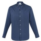 Navy blue long-sleeve button-down shirt with a collar, displayed on a white background.