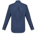 Back view of a long-sleeve, buttoned, dark blue dress shirt.