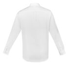 Back view of a long-sleeve white button-up dress shirt on a plain background.