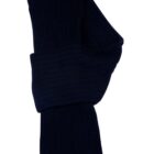 A folded black ribbed knit scarf on a white background.