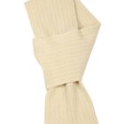 Beige knitted scarf with ribbed texture, folded over itself.