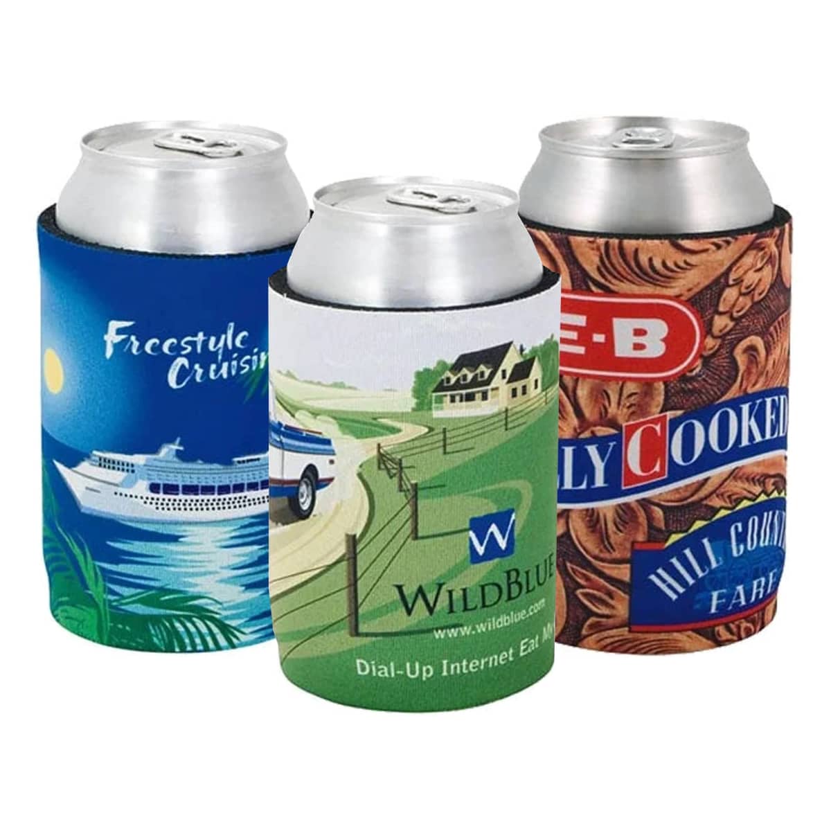 Three cans with colorful, printed drink koozies placed together.