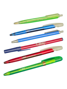 Colorful BIC pens arranged in vertical rows showcase affordable custom creativity.