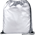 Silver drawstring backpack with black strings.