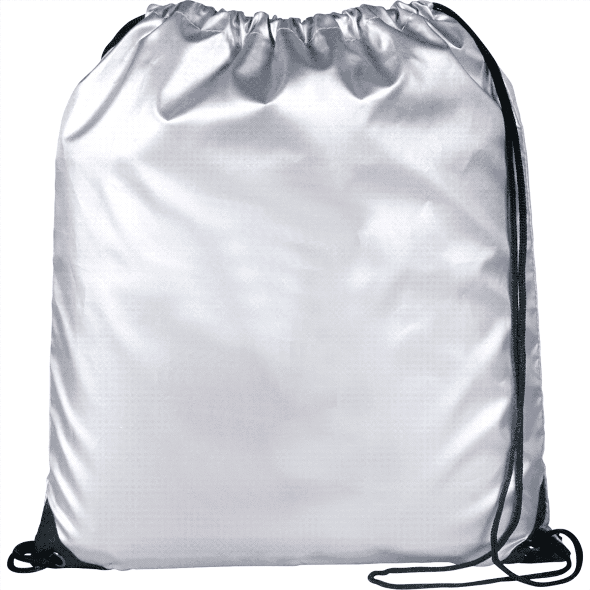 Silver drawstring backpack with black strings.