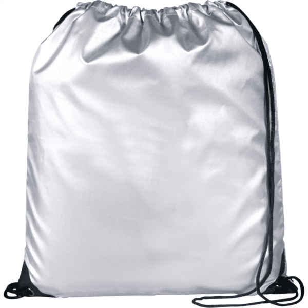 A plain gray drawstring backpack with black strings.