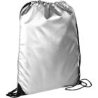 Silver drawstring backpack with black cords against a plain white background.