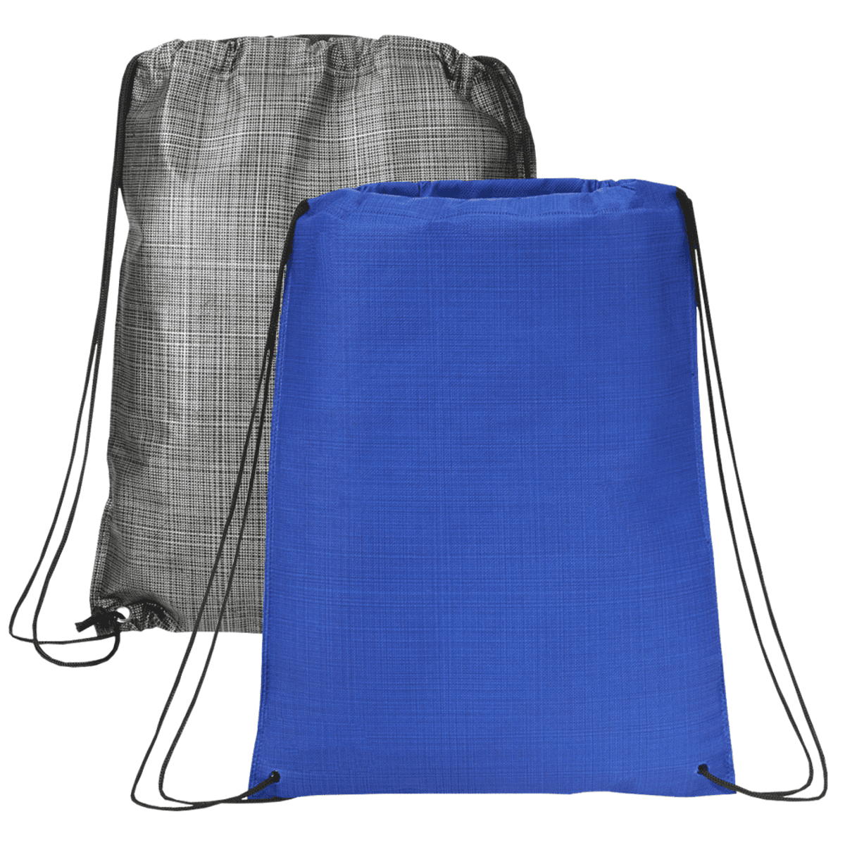 Blue and gray drawstring backpacks on a white background.