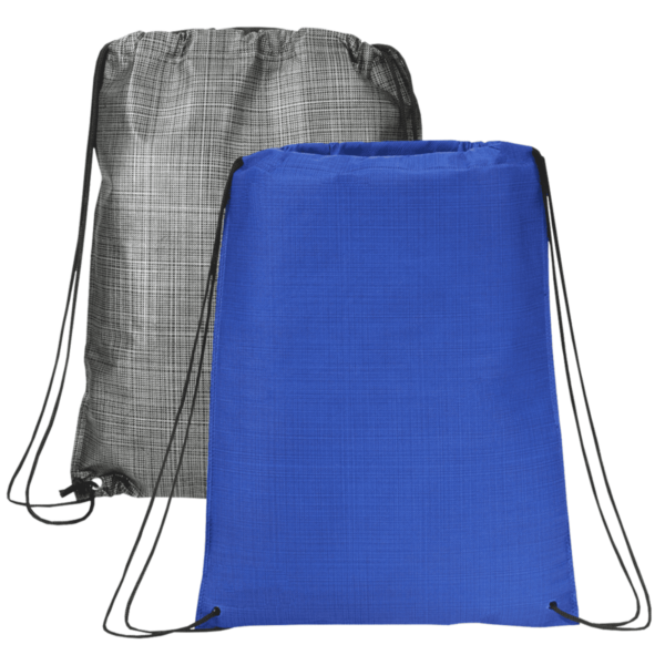 Two drawstring bags: one black and one blue, with textured fabric.