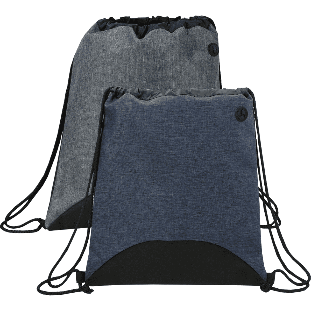 Two drawstring backpacks, one gray and one blue, with black accents.