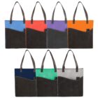 Seven tote bags in various colors, each with two handles and a front pocket.