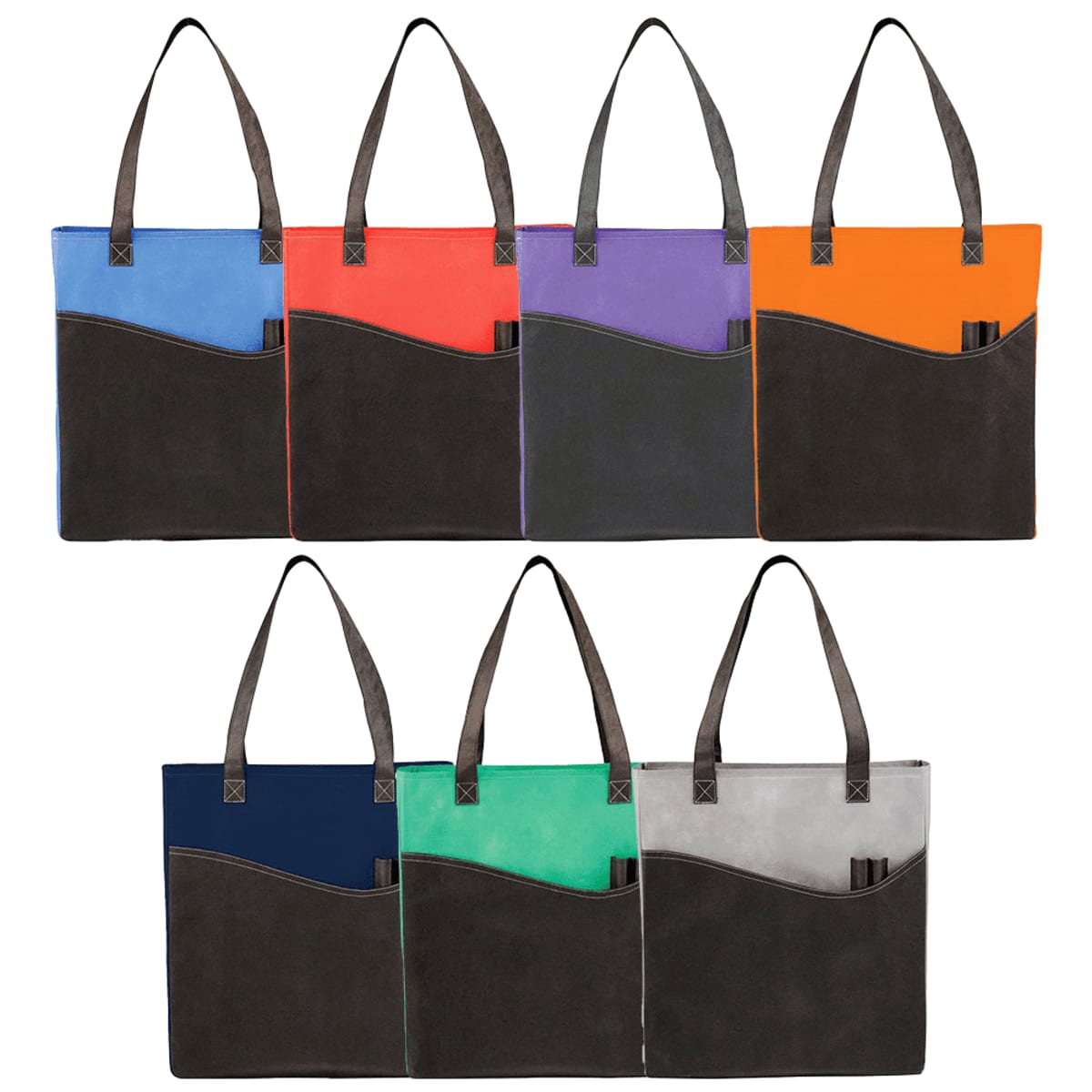 Seven tote bags in various colors, each with two handles and a front pocket.