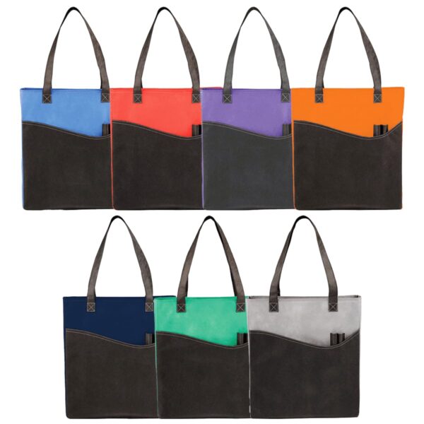 Seven colorful tote bags with front pockets arranged in a row.
