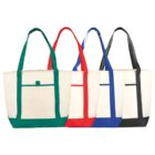 Four tote bags in green, red, blue, and black with matching straps and a front pocket.