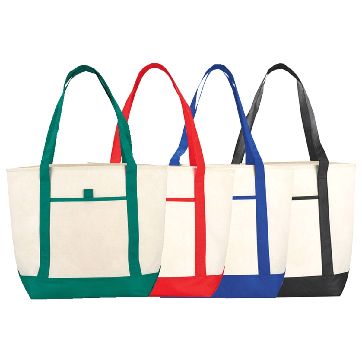 Four tote bags in green, red, blue, and black with matching straps and a front pocket.