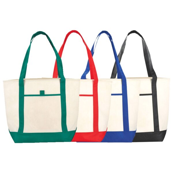 Four tote bags with different colored straps: green, red, blue, and black.