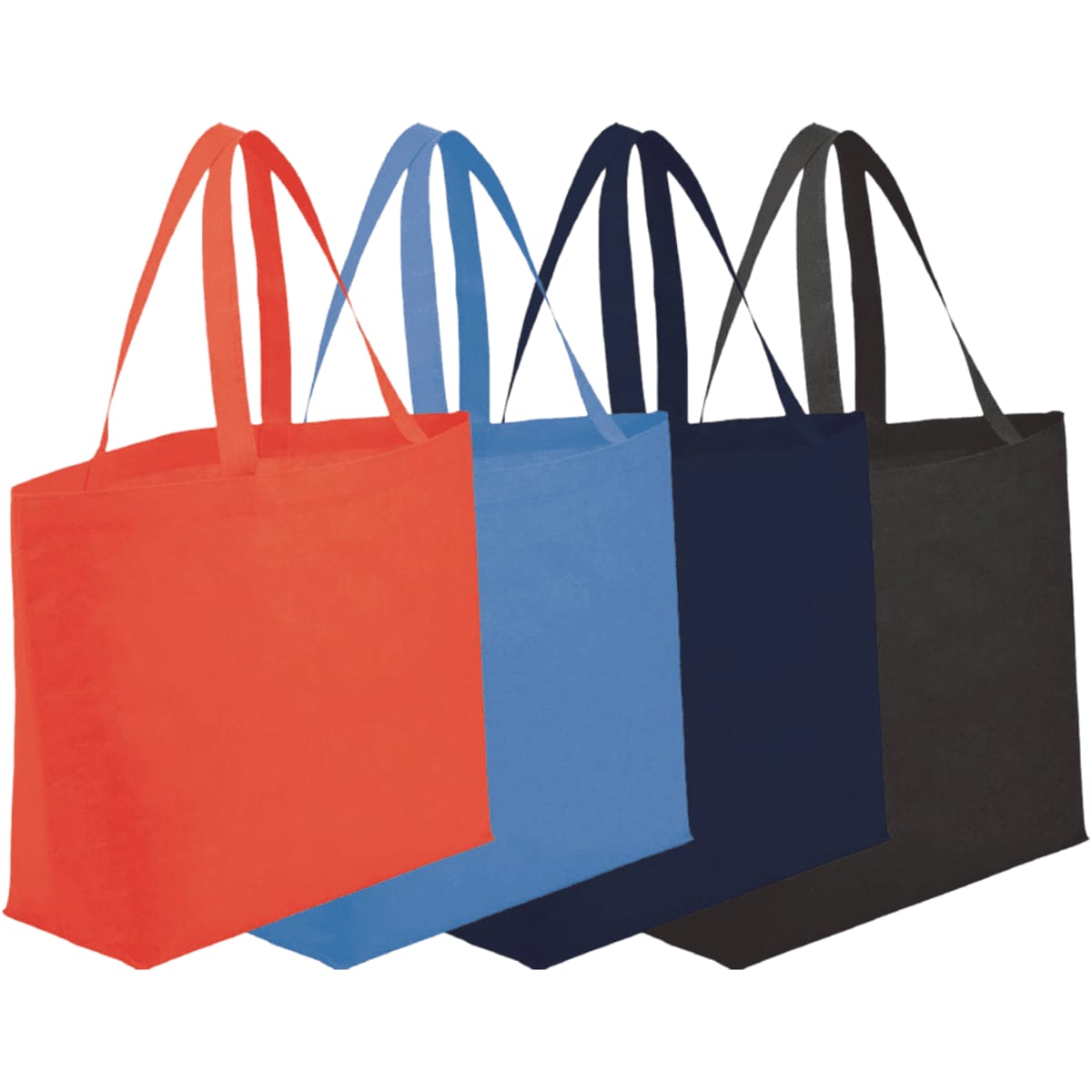 Four tote bags in red, blue, navy, and black lined side by side.