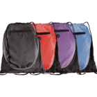 Four drawstring bags in black, red, purple, and blue, lined up side by side.