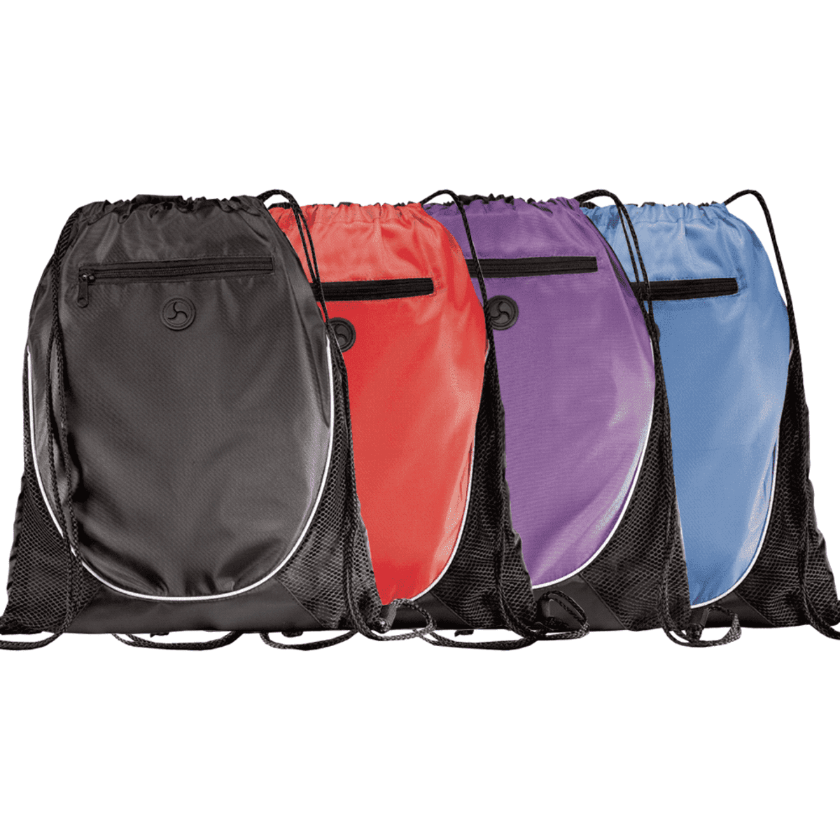 Four drawstring bags in black, red, purple, and blue, lined up side by side.