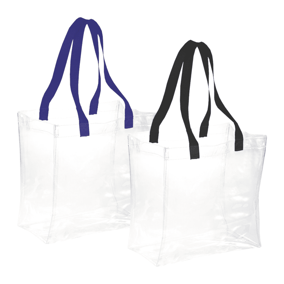 Two clear tote bags with black and blue handles.