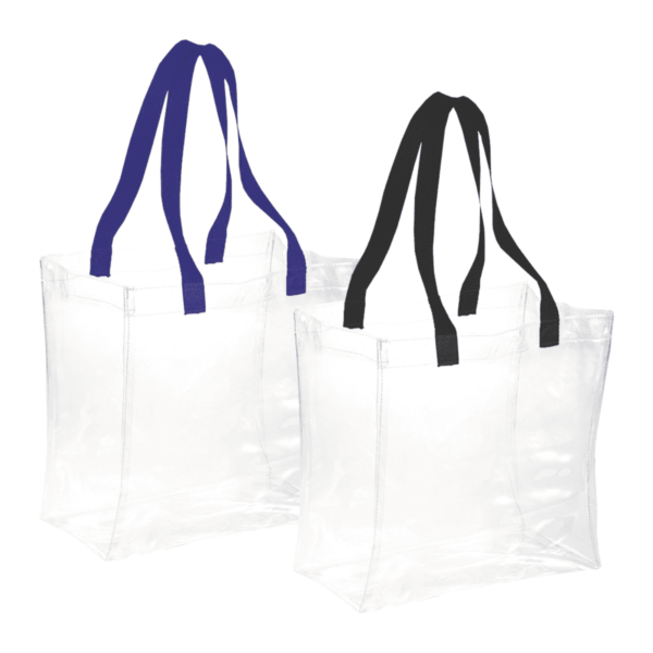 Two transparent tote bags with blue and black handles.