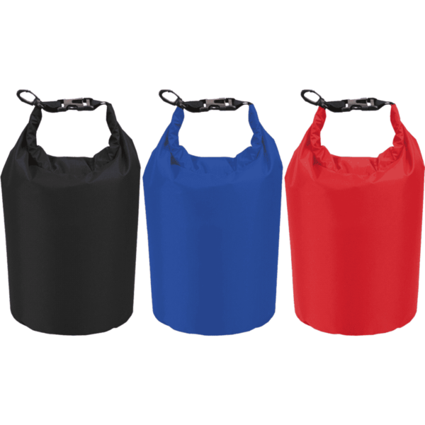 Black, blue, and red dry bags with black straps against a white background.