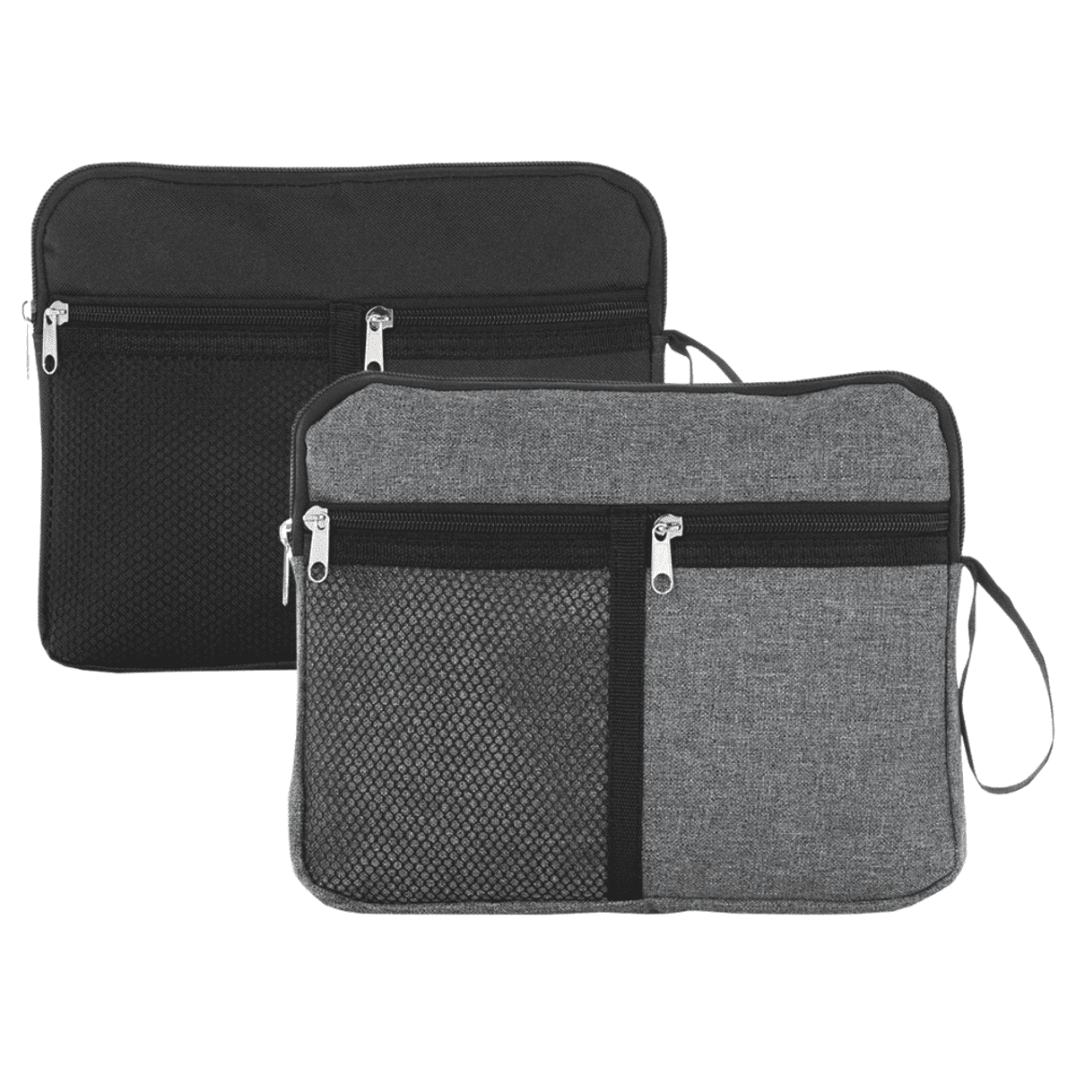 Two zipped organizer pouches, one black, one gray, with mesh pockets, isolated on white.