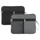 Two fabric clutch bags with front zippers and wrist straps, one black and one gray.