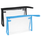 Two transparent toiletry bags, one with black trim and one with blue trim.