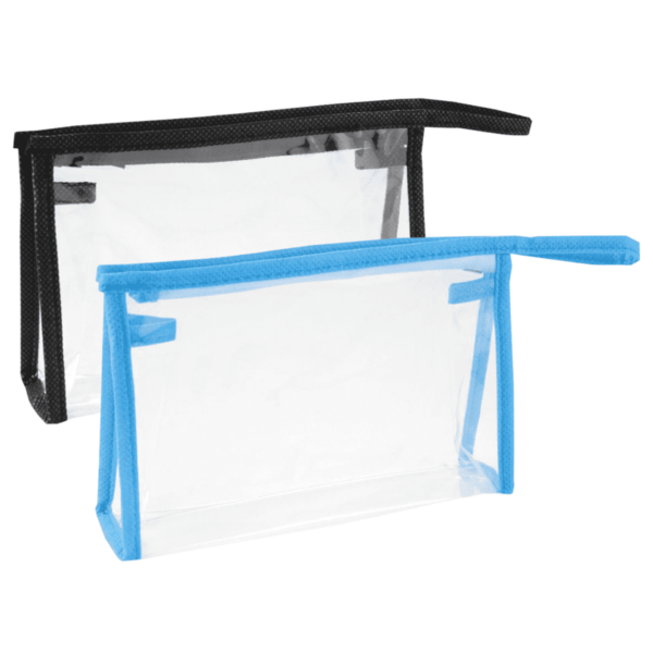 Two clear cosmetic bags, one with black trim and one with blue trim, on a white background.