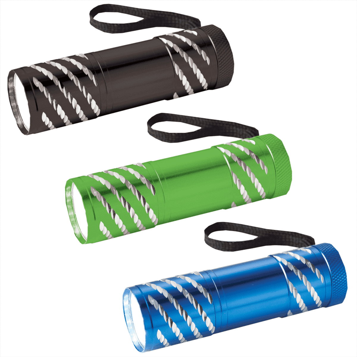 Three small flashlights in black, green, and blue with wrist straps and stripe design.