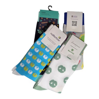 Playfully patterned, colorful socks in delightful packaging—perfect for savvy marketing.