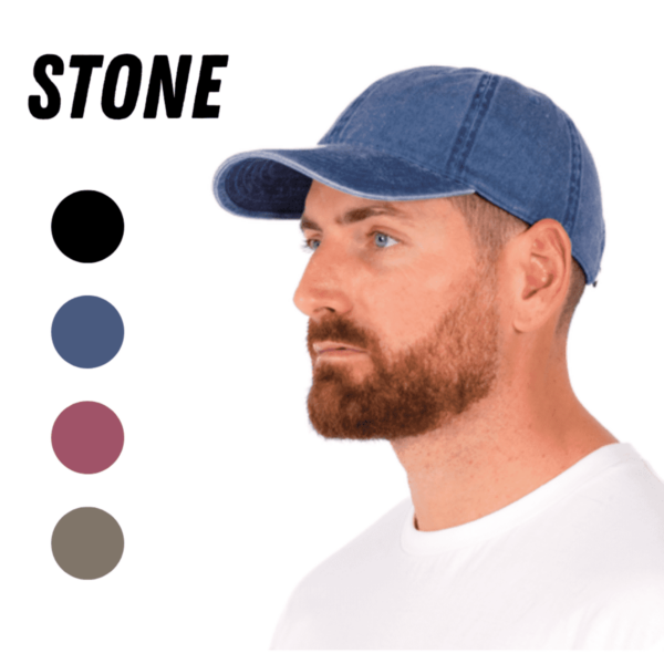 Man in blue baseball cap and white shirt, with four color circles and the word STONE above.