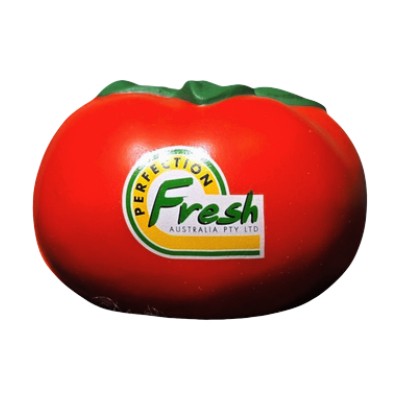 Red tomato-shaped stress ball with Perfection Fresh logo.