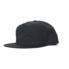 Black flat-brim snapback cap on a white background, viewed from the side.