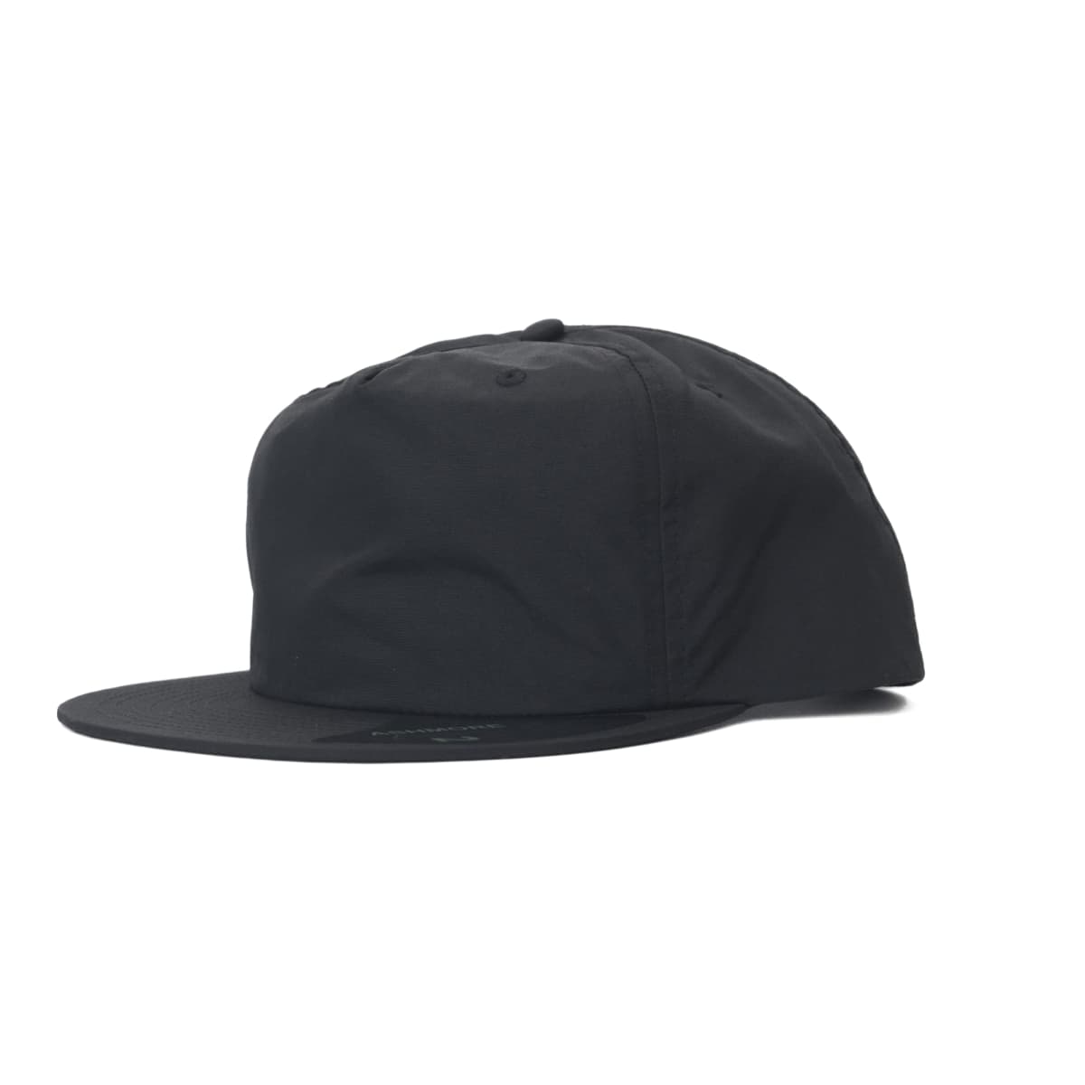 Black flat-brim snapback cap on a white background, viewed from the side.