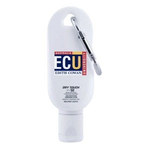 White sunscreen bottle labeled ECU Edith Cowan University for advanced skin protection on the go.
