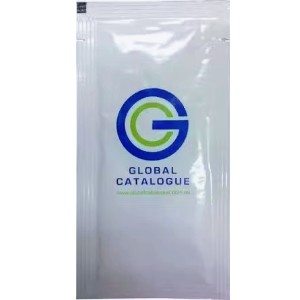 A white packet labeled Global Catalogue with a blue and green logo, ideal for best promotional sunscreens.