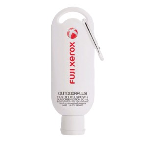 Best promotional sunscreens: White Fuji Xerox SPF50+ tube with handy carabiner clip.