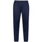 Dark blue joggers with elastic waistband and cuffs on a white background.