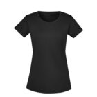 Plain black short-sleeve womens t-shirt on a white background.