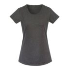 Plain dark gray short-sleeve women’s t-shirt on a white background.
