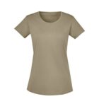 Plain khaki short-sleeve womens T-shirt on a white background.
