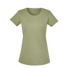 Plain olive green short-sleeve womens T-shirt on a white background.