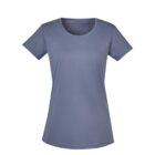 Plain short-sleeve, crew-neck blue T-shirt on a white background.