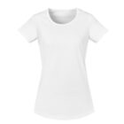 Plain white short-sleeve womens T-shirt on a white background.